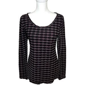 Max Studio Red Black Gray Optical Print Long Sleeve Scoop Neck Top Size Medium